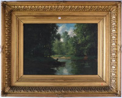 une peinture à l'huile représentant une scène fluviale avec un homme dans une barque