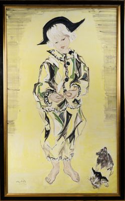tableau représentant un garçon coiffé d'un chapeau et accompagné d'un chien, devant un fond jaune