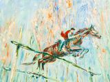 une peinture à l'huile représentant un cheval et son cavalier franchissant un obstacle