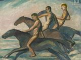 un tableau représentant trois personnes à cheval dans l'eau