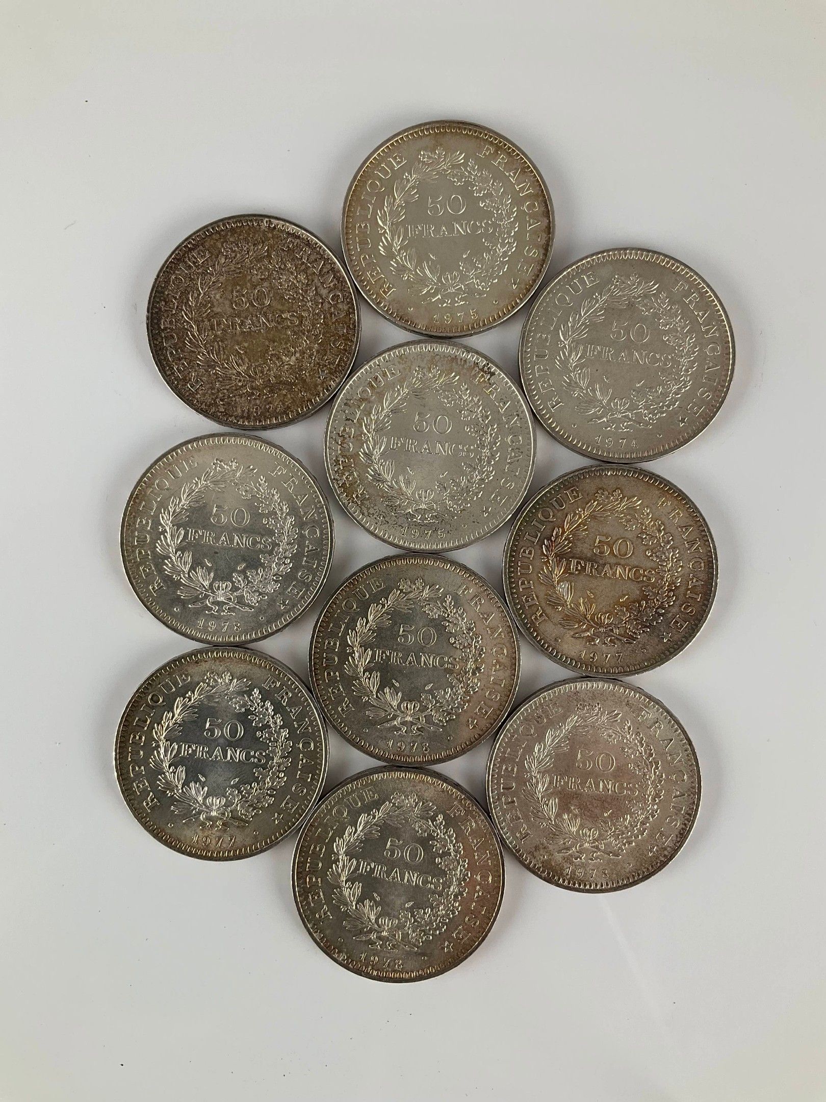 FRANCE, Ve République. 10 pièces de 50F argent type Hercule,…