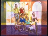 a painting of a group of people sitting on a couch