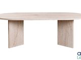 a round dining table with a wooden base and two legs
