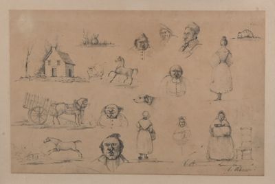 drawing of a group of people and animals in a field