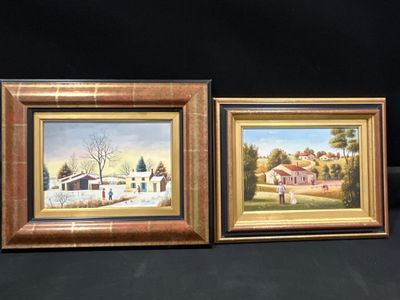 deux tableaux représentant une scène de vie à la campagne avec une clôture et une maison