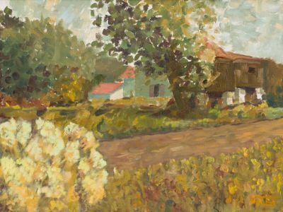 une peinture à l'huile représentant une route de campagne avec une grange en arrière-plan