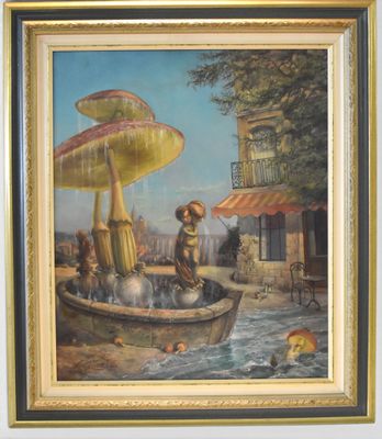 a painting of a dog sitting in a boat with an umbrella