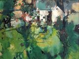 a painting of a white house in a green field with trees