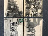 four old black and white photographs of people on a train track