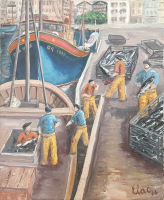 a painting of a group of men working on a boat