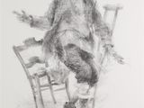 drawing of a man sitting in a chair with a hat on