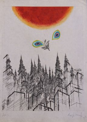 un dessin représentant un oiseau survolant une forêt, avec le soleil en arrière-plan