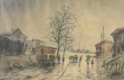 un tableau représentant des personnes marchant dans la rue avec des parapluies