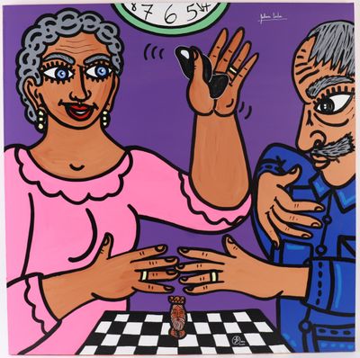un tableau représentant un homme et une femme en train de jouer aux échecs