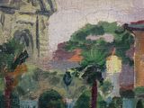an oil painting of a building with a clock tower in the background