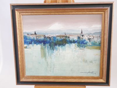 une peinture à l'huile représentant un paysage urbain avec un chevalet en bois sur fond blanc