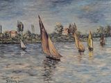painting of sailboats on a river with houses in the background