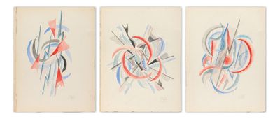 three paintings of different shapes and sizes on a white background