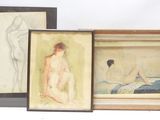 trois tableaux encadrés représentant des nus et une femme assise sur un lit