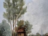 painting of a man walking down a dirt road past a small house