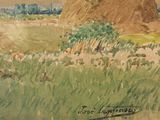 a watercolor painting of a large rock in the middle of a field