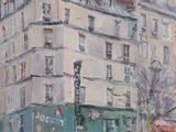 painting of a painting of a building in a city with people walking on the sidewalk