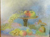 a painting of apples and grapes on a plate