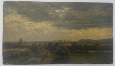 une image représentant un tableau représentant un paysage avec des arbres et des nuages