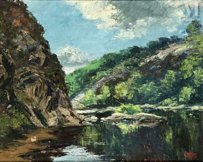 une peinture à l'huile représentant une rivière avec une montagne en arrière-plan