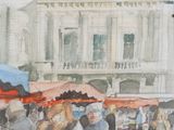 painting of a group of people walking down a street with umbrellas