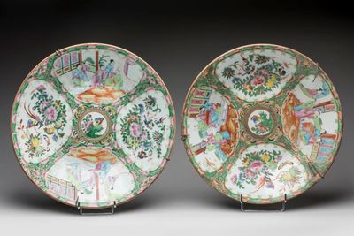 pair of chinese famille plates with birds and flowers