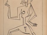 dessin représentant un homme assis par terre, un couteau à la main