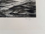 a black and white drawing of a boat in the ocean