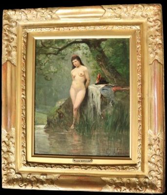 Eugène BERTHELON (1830-1814) Nue a la baignade Huile sur pan… - Photo 1