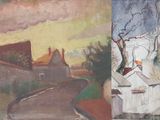 a painting on the wall of a building and a picture of a street
