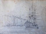 dessin représentant un bateau dans un port, avec un château en arrière-plan