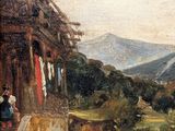 painting of a man and a woman standing on a balcony looking out over a valley