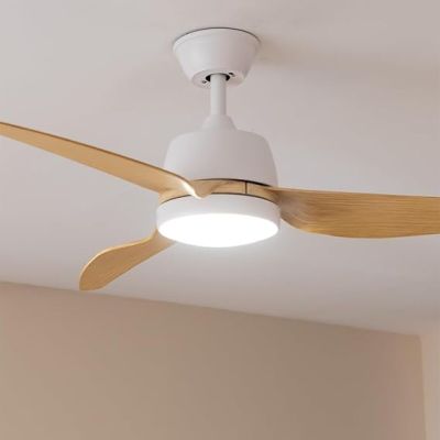 a white ceiling fan with a light on top of it
