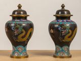 two vases with dragon designs on them on a table