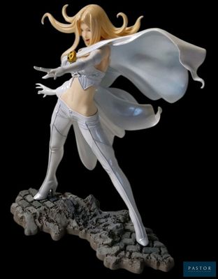 the statue of a woman in a white outfit is standing on a rock