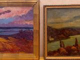trois tableaux représentant un paysage avec un lac au loin