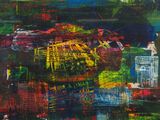 abstract painting of a cityscape with buildings and green trees