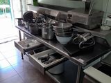 many pots and pans sitting on the kitchen counter