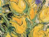 painting of yellow and blue flowers in a vase on a table