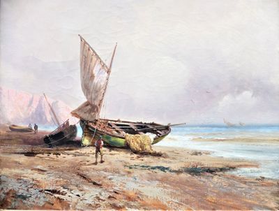 un tableau représentant deux bateaux sur la plage, au bord de l'eau
