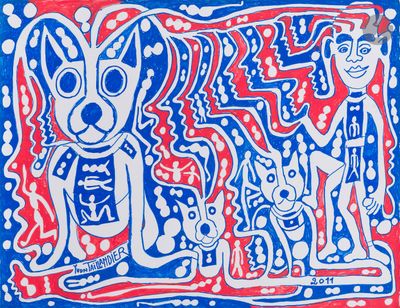 tableau bleu et rouge représentant deux chiens et un homme tenant un chien en laisse
