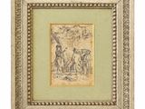 a framed drawing of a man and a woman in a landscape