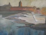 painting of a view of a beach with a lighthouse in the distance