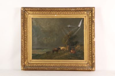 painting of a landscape with a windmill and cattle in the foreground