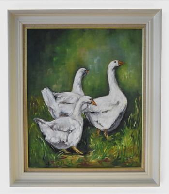 painting of three white ducks in a grassy field with a green background